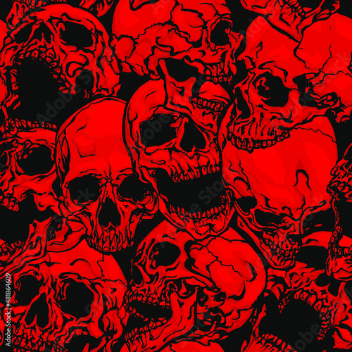 Red skulls vector seamless pattern. Hand drawn vector illustration in modern style tattoo.