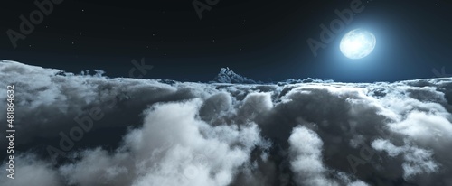 Lunar landscape, moon over clouds, panorama of clouds under the moon, 3d rendering