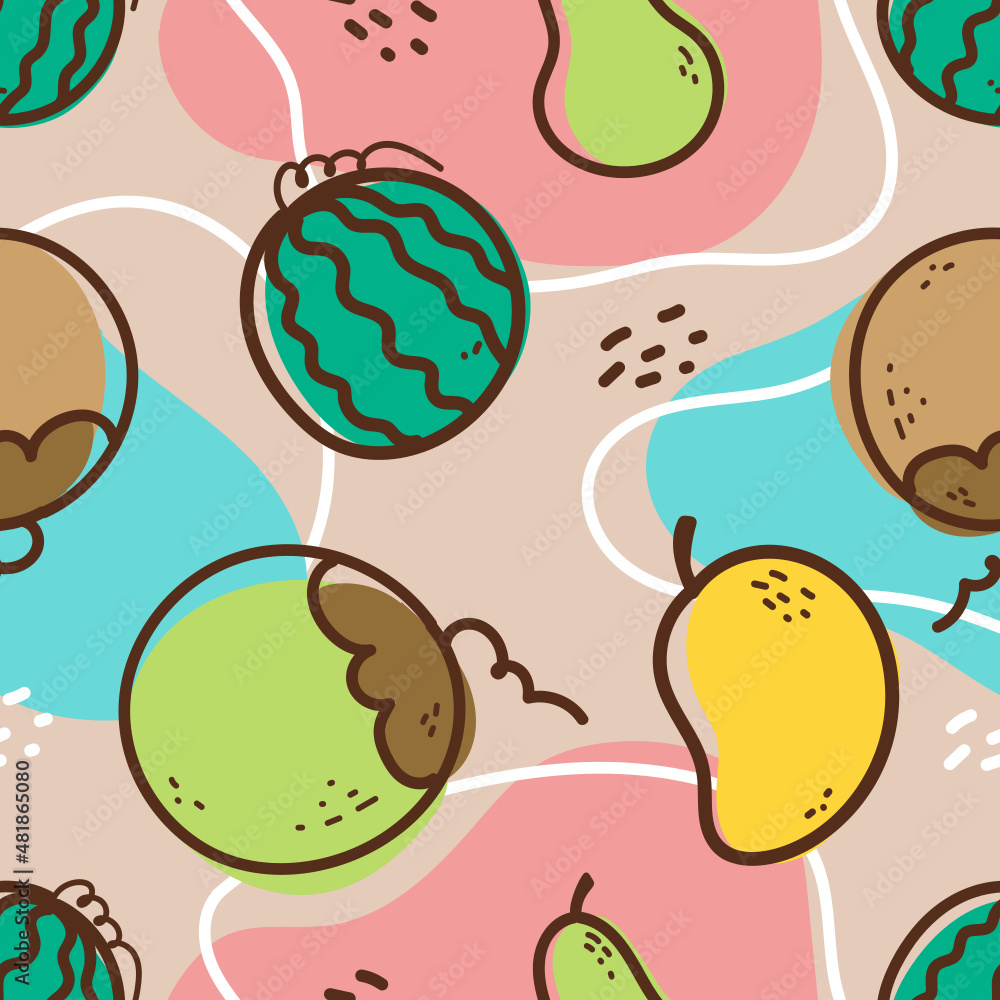 seamless pattern fruits. watermelon, coconut, avocado and mango