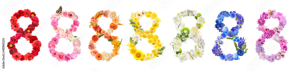 Different figures 8 made of beautiful flowers on white background