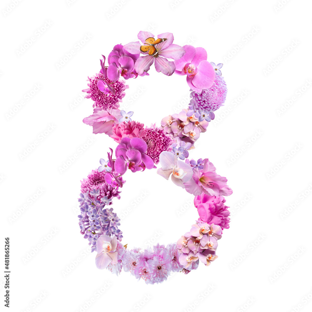 Figure 8 made of beautiful flowers on white background