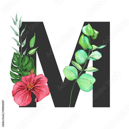 Letter M. Monogram decorated from exotic tropical Watercolor Flowers