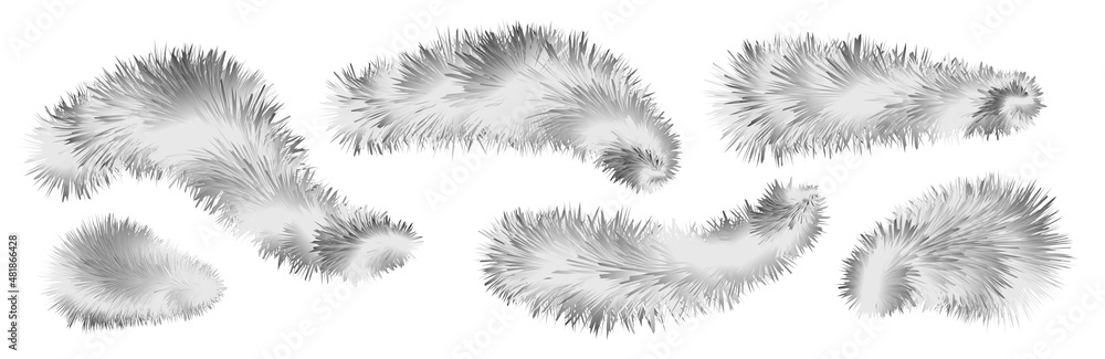 Obraz premium Bushy gray fox fur, furry striped brushes and pompoms, fuzzy and flocky hair shapes, winter design elements isolated on white background. Vector illustration