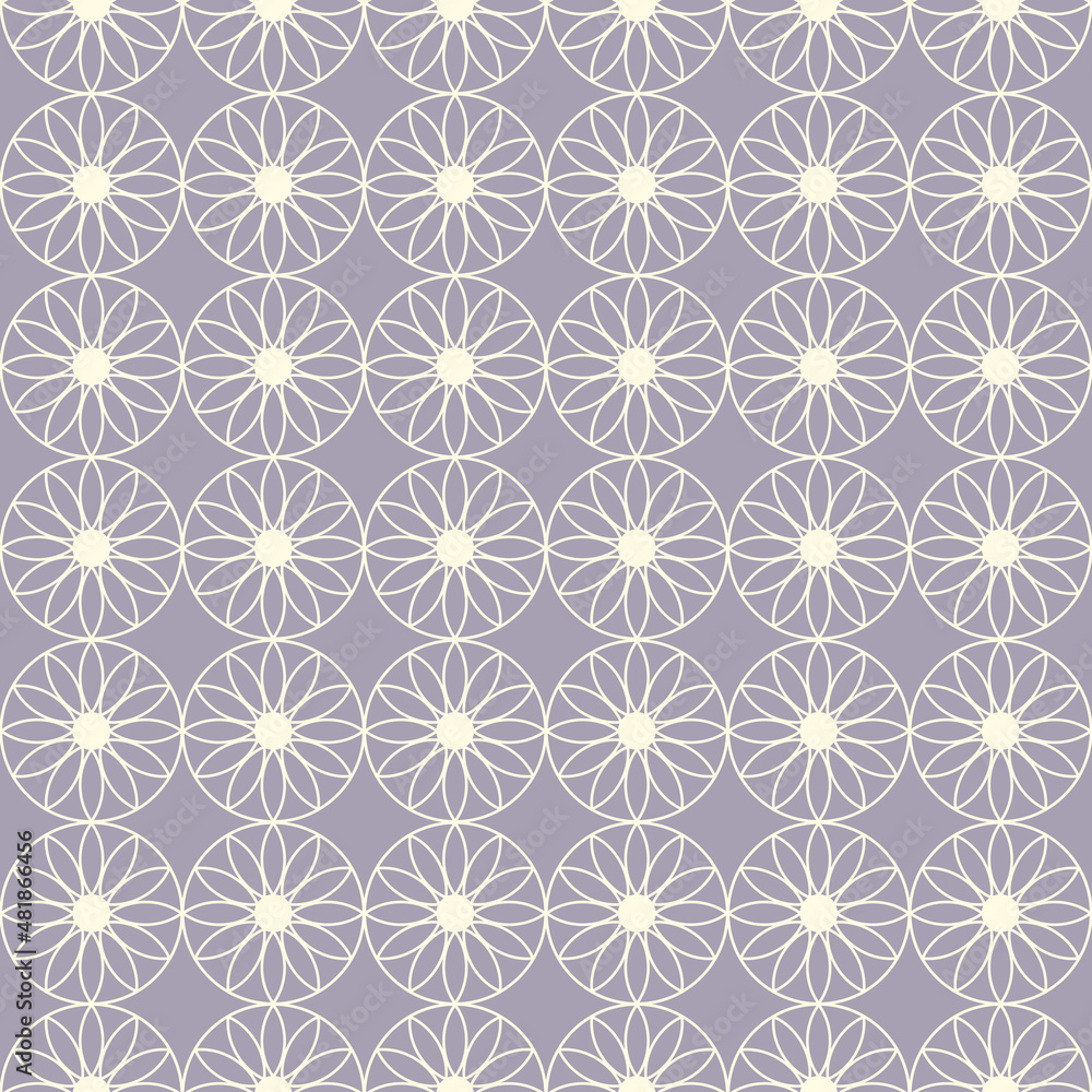 Geometric pattern with flowers and circles on pale-pink background. Geometric pattern in minimalistic style.