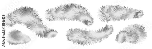 Bushy gray fox fur, furry striped brushes and pompoms, fuzzy and flocky hair shapes, winter design elements isolated on white background. Vector illustration photo