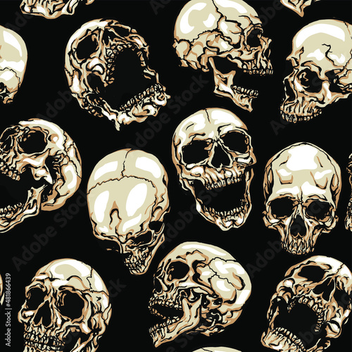 Skulls vector seamless pattern on black background. Hand drawn vector illustration in modern style tattoo.