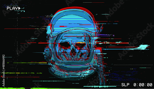 Vector Digital Glitch Astronaut Skull Illustration in the style of corrupted digital graphics and old VHS tape style.