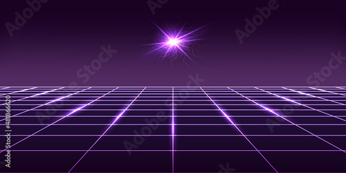 Synthwave background.  Perspective 3d grid,  neon glowing light effect. Galaxy space with supernova explosion. Purple vaporwave, 80s disco style. Abstract vector illustration
