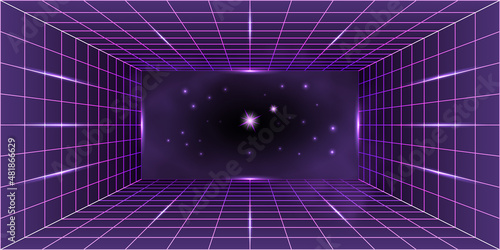 Synthwave cyberpunk neon  background, 3d perspective room grid, portal gate to galaxy space with nebula and glowing stars. Glowing light effect, night disco design, abstract vector illustration