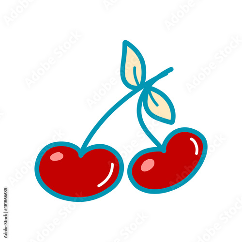 Vector illustration, heart shaped cherries in doodle style, 80s style, Valentine's day, isolated element. Romantic illustration for postcards, posters, stickers, print on clothes.