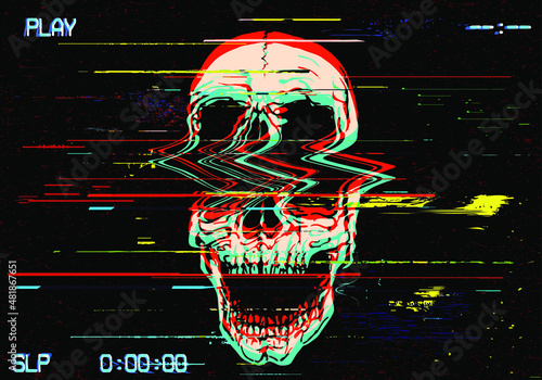 Vector GLITCH ART screaming skull illustration in the style of old TV and VHS and RGB mode corrupted graphics signal on black background.