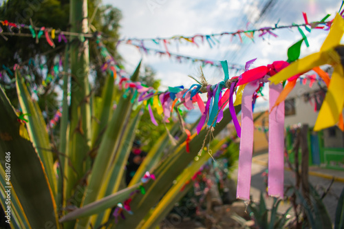 Andean mystic ceremony for dreams and hopes to come true. Traditional native sacred festivity celebrated in latin america. Colorful stripes hanged towards an agave stem.