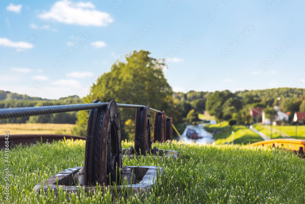 Green nature of the Elbląg Canal (Kanał Elbląski), famous landmark of Warmian-Masurian, Poland. Wheels supporting the link of canal inclined planes system
