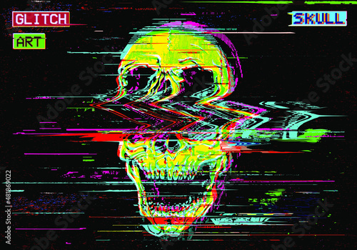 Vector GLITCH ART screaming skull illustration in the style of old TV and VHS and RGB mode corrupted graphics signal on black background.