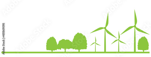 sustainable green energy concept banner, wind farm on green ground with trees, vector illustration