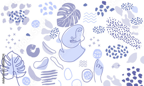 Over template with patterns of different abstract shapes. Colorful artistic background with textured stains, spots and line drawings in very peri color.