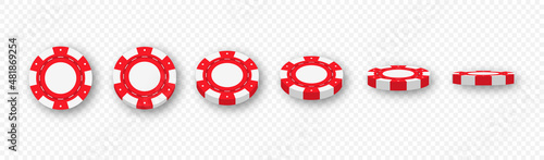 Gambling casino chips. Casino token 3d animation. Spinning poker chips and coins isolated on transparent background. Collection of red casino chips for gambling, poker, roulette. Vector