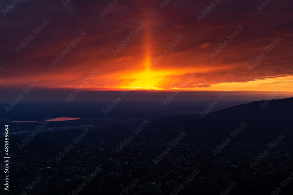 Aerial view panorama of hungarian city of Pecs during dramatic sunset