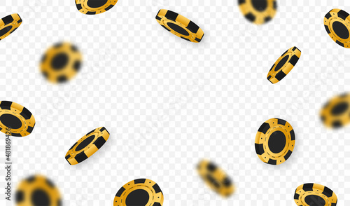Flying casino chips and tokens. Flying 3d golden poker chips. Poker chips and tokens on transparent background with bokeh effect. Golden and black casino gaming tokens. Vector