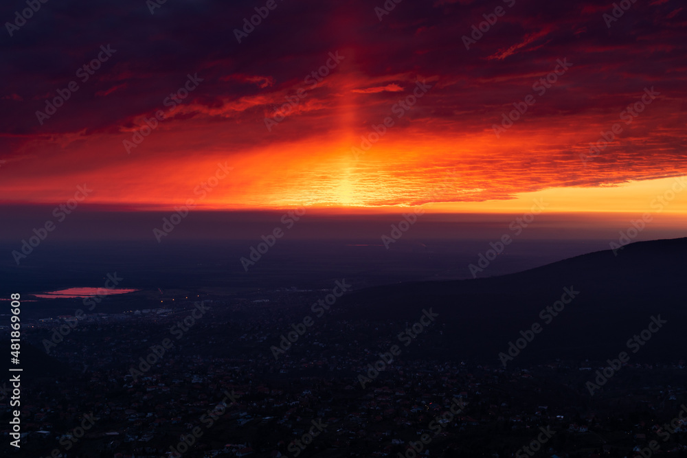 Aerial view panorama of hungarian city of Pecs during dramatic sunset