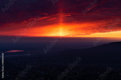 Aerial view panorama of hungarian city of Pecs during dramatic sunset