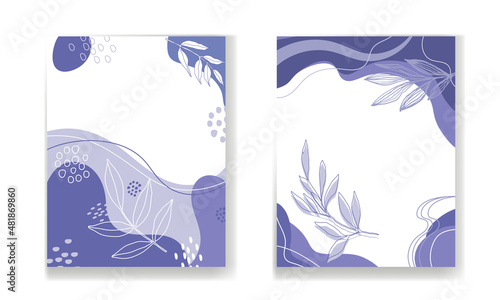 Set of abstract templates with shapes and line in very peri color. Vector background in minimalist style.