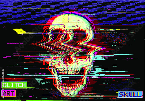 Vector GLITCH ART screaming skull illustration in the style of old TV and VHS and RGB mode corrupted graphics signal on black background.