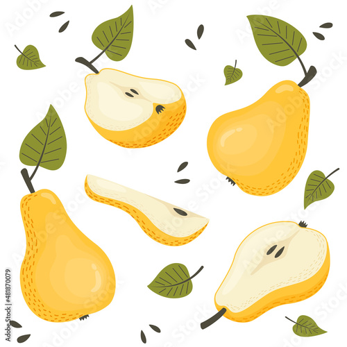 Set of yellow pears. Whole, sliced ​​pears, half a pear on a white background. Vector illustration in a flat style.