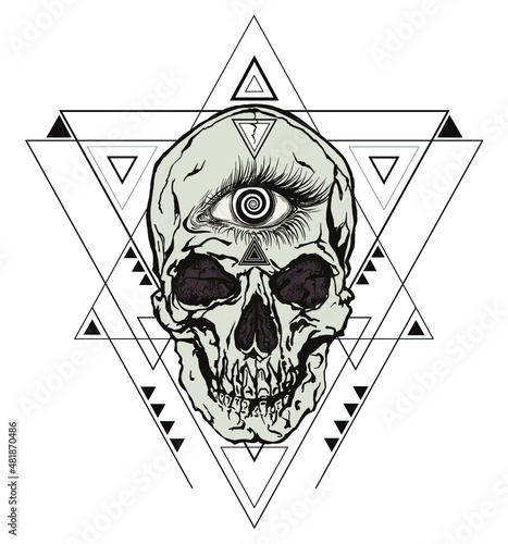 Minimalist triangle abstract geometric design with inside a skull with hypnotic masonic eye. Vector illustration in the style of modern tattoos.