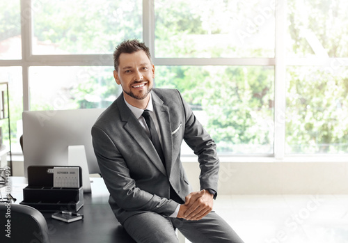 Handsome businessman sitting on table in office