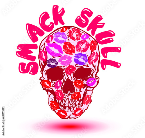 Smack Skull. Funny vector illustration of skull covered in kisses and lipstick prints in colorful pop art style.