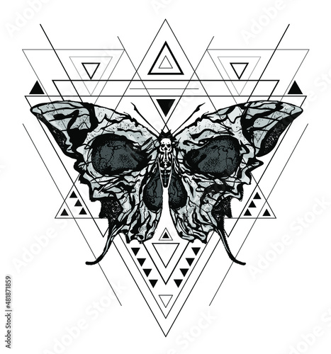 Skull Butterfly. Greater death's head hawk-moth vector abstract illustration isolated on white background with triangles and linear shapes in the style of modern tattoo.