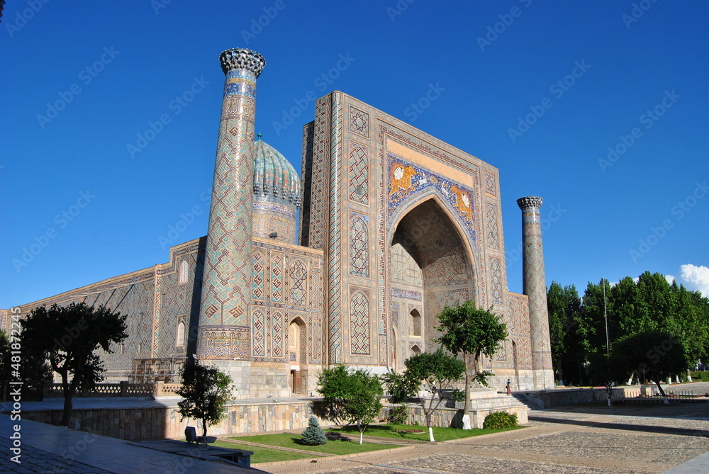 View of Sher-Dor Madrasah, Samarkand. Uzbekistan.