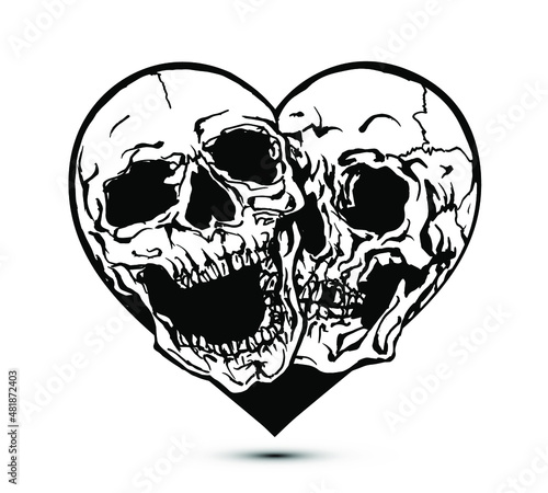 Vector illustration of two black and white skulls inside a heart in the style of tattoo designs