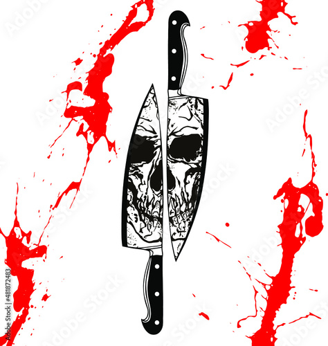 Black and white skull reflection on two kitchen knives edges. Vector illustration in the style of tattoo vintage illustrations with red blood splatters.