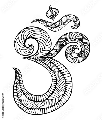 Om symbol coloring page for adults with maze of ornaments. Psychedelic stylish element monochrome Aum.