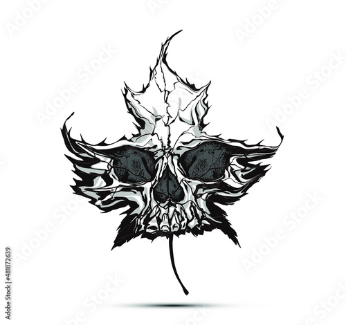 Leaf Skull. Black and white hand drawn vector illustration of a leaf shaped angry skull.