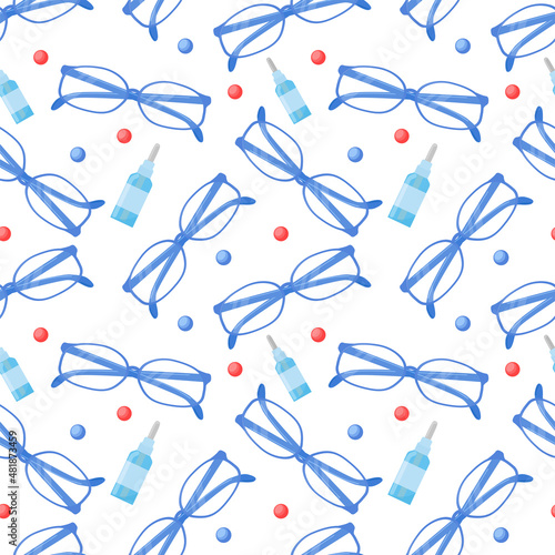 Optical seamless pattern. White background with eyeglasses, vitamins for eyesight and drops. Eyeware vector pattern