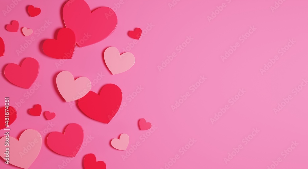 Valentine day background. Pink and red hearts on pink background. Pink hearts frame on pink background