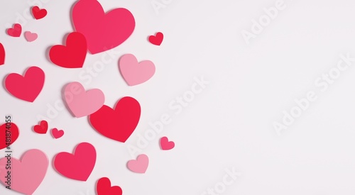 Valentine day background. Pink and red hearts on white background. Pink hearts frame on white background