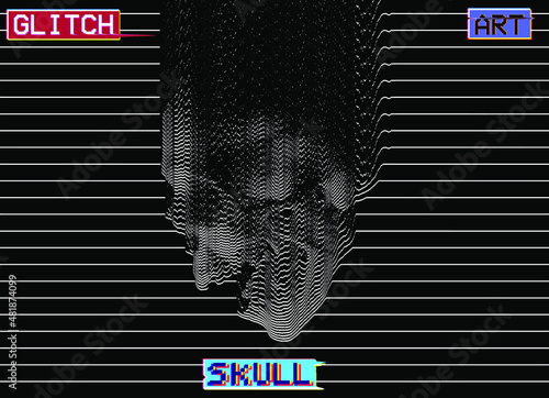 Glitch Art Skull. Vector black and white design of evaporating screaming skull in oscilloscope white line on black background from 3D rendering.