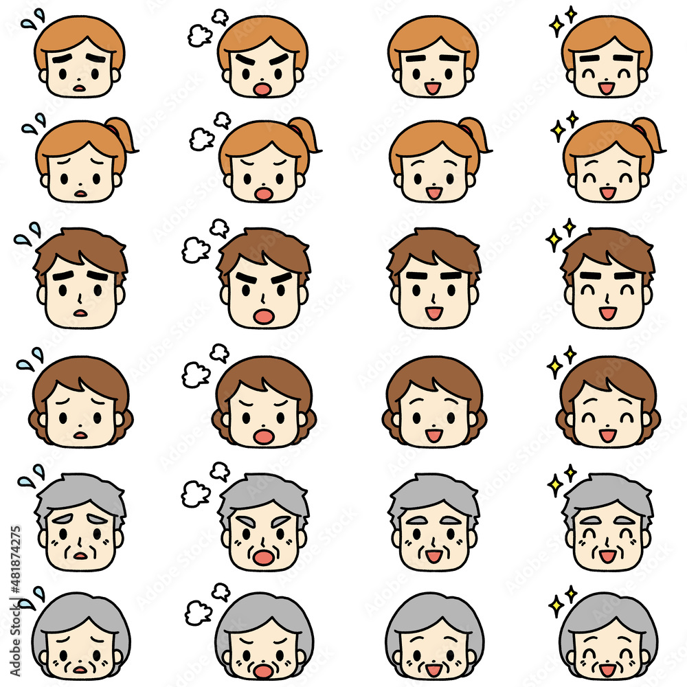 Illustrations of various facial expressions of the family Illustrations of various facial expressions of the family