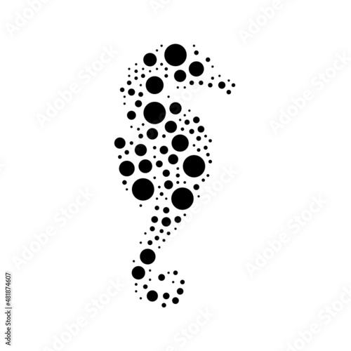 A large sea horse symbol in the center made in pointillism style. The center symbol is filled with black circles of various sizes. Vector illustration on white background