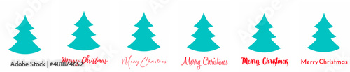Set of greeting New Year's minimalistic cards with a blue Christmas tree on a white background with a red text Merry Christmas