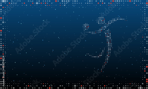 On the right is the handball symbol filled with white dots. Pointillism style. Abstract futuristic frame of dots and circles. Some dots is red. Vector illustration on blue background with stars