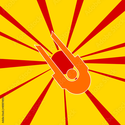 Solo bobsleigh symbol on a background of red flash explosion radial lines. A large orange symbol is located in the center of the sunrise. Vector illustration on yellow background