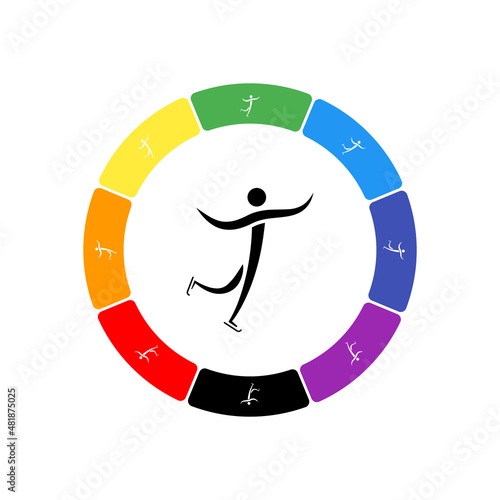 A large black figure skating symbol in the center, surrounded by eight white symbols on a colored background. Background of seven rainbow colors and black. Vector illustration on white background