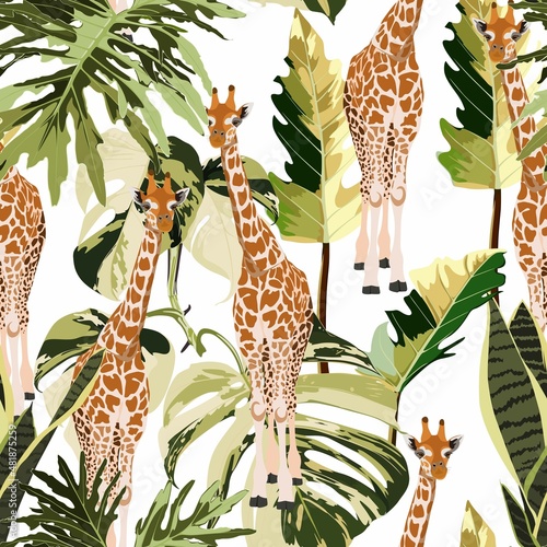 Giraffe anima with tropical green leaves and flowers. Cartoon exotic seamless illustration repeating pattern on white background. Floral wallpaper.