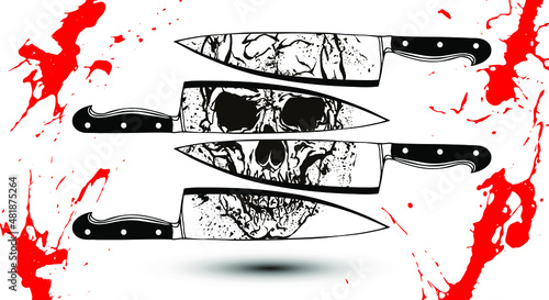 Black and white skull reflection on four kitchen knives edges. Vector illustration in the style of tattoo vintage illustrations with red blood splatters.
