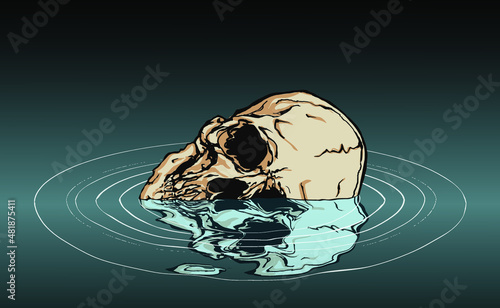 Vector hand drawn illustration of a skull drowning in the dark waters with reflection and water rings on black background.